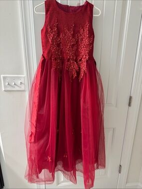 Beautiful Girls' Red Embroidered Tulle Party Dress with Appliques
